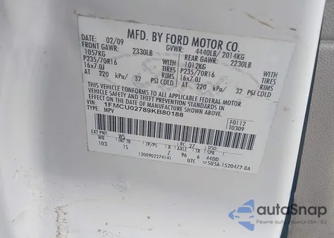 2009 Ford Escape Xls/Xls Manual z USA, uszkodzony, nr VIN 1FMCU02789KB80188